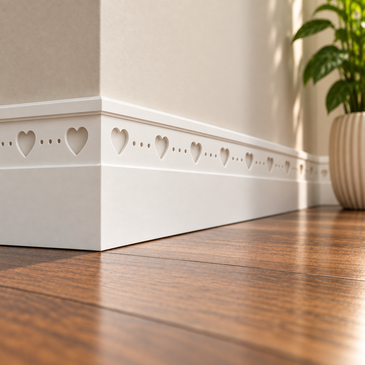 Little Sweetheart MDF skirting board painted white with recessed love hearts and dotted detailing, fitted around a corner in a cosy bedroom.