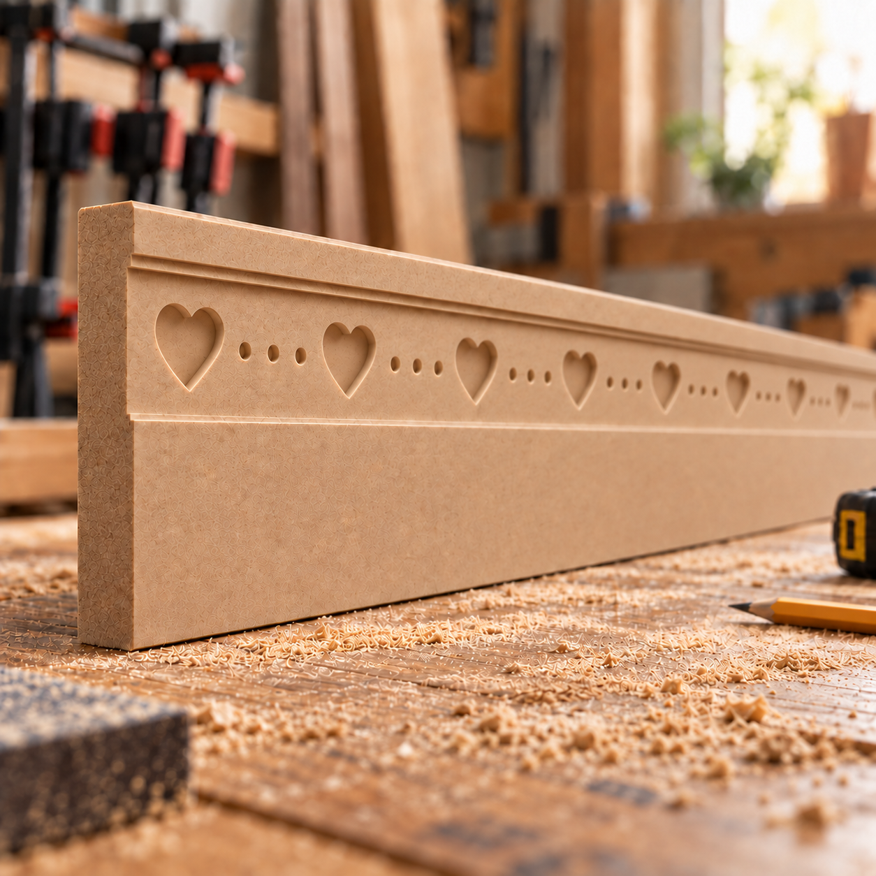 Little Sweetheart MDF skirting board in unfinished natural MDF, showing CNC-routed love hearts and dotted detailing on a woodworking bench.