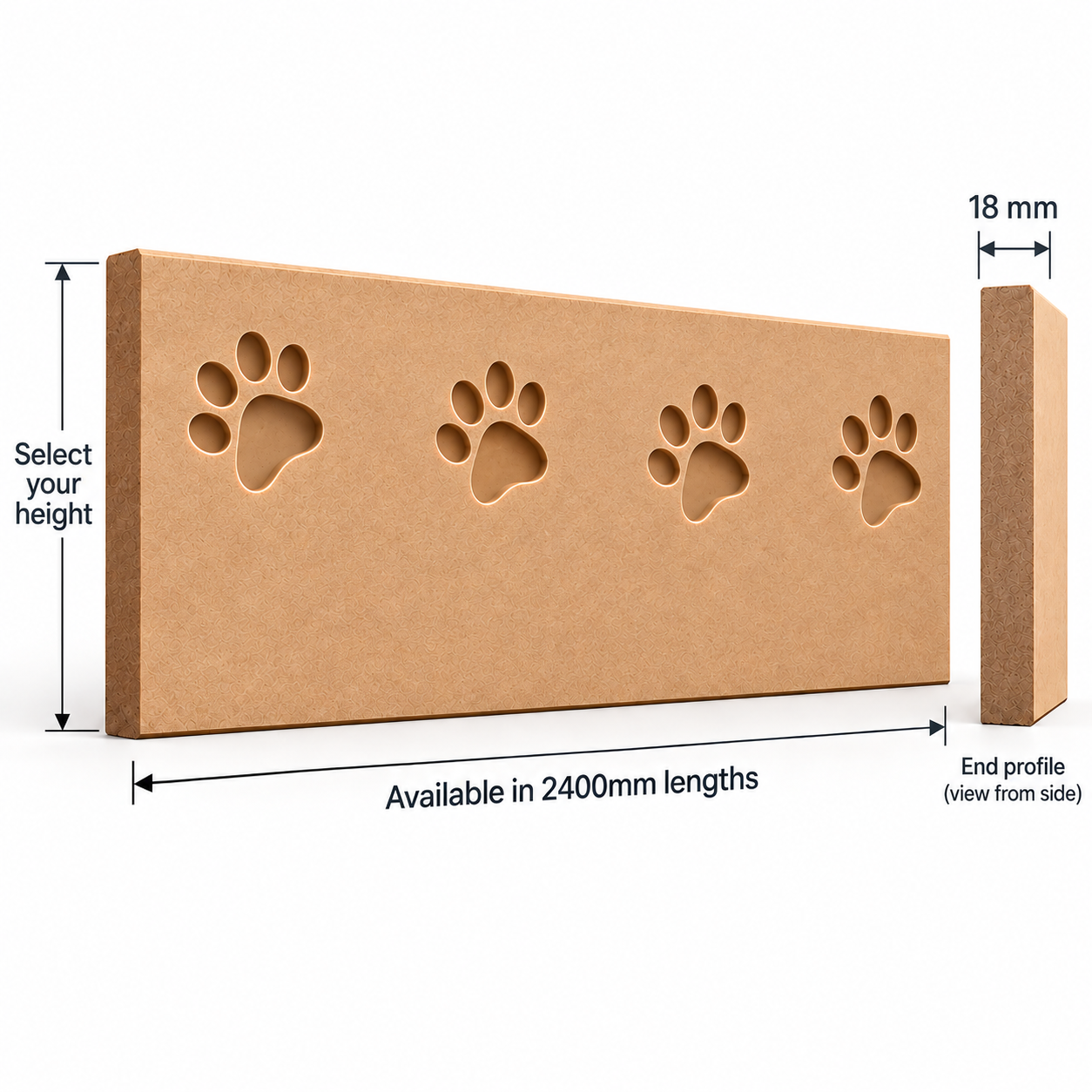 Pawfect Pets MDF skirting board technical diagram showing 2400mm length, 18mm thickness, selectable height and recessed paw print design with end profile.