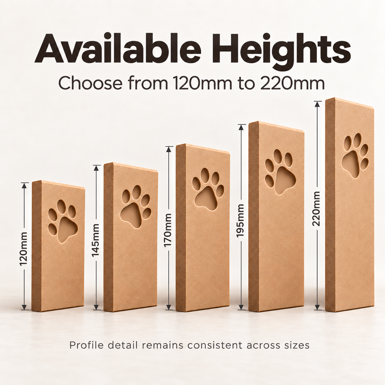 Pawfect Pets MDF skirting board height comparison showing 120mm, 145mm, 170mm, 195mm and 220mm options with decorative paw prints.