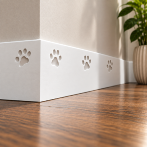 Pawfect Pets MDF skirting board painted white with recessed paw print detailing, installed around a corner in a cosy home interior.