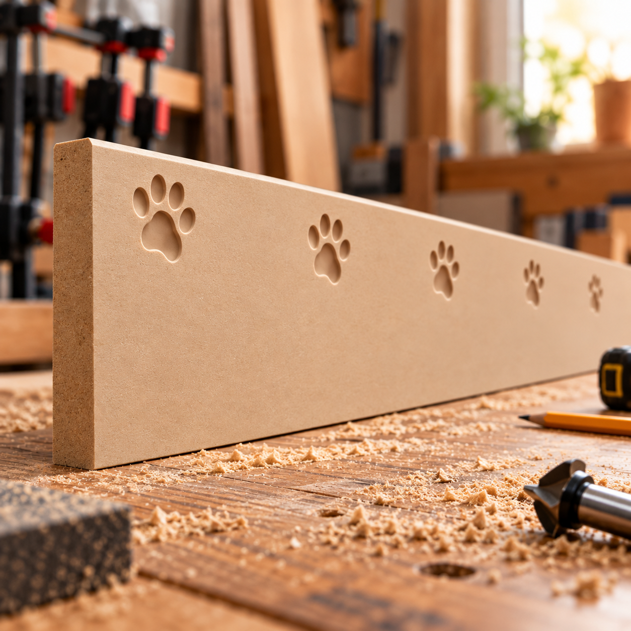 Unfinished Pawfect Pets MDF skirting board with CNC-routed paw print pattern, displayed in natural MDF on a woodworking bench.