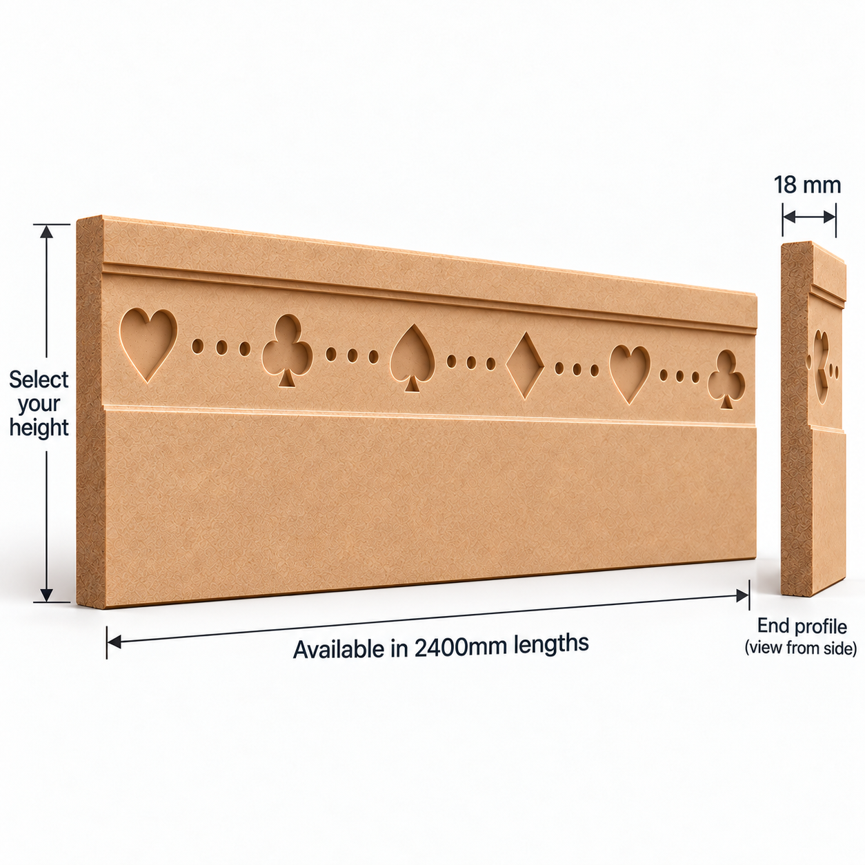 Poker Night MDF skirting board technical diagram showing 2400mm length, 18mm thickness, selectable height and playing card suit design with end profile.