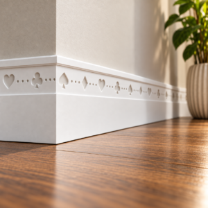 Poker Night MDF skirting board painted white with recessed hearts, diamonds, clubs and spades, installed along an interior wall.