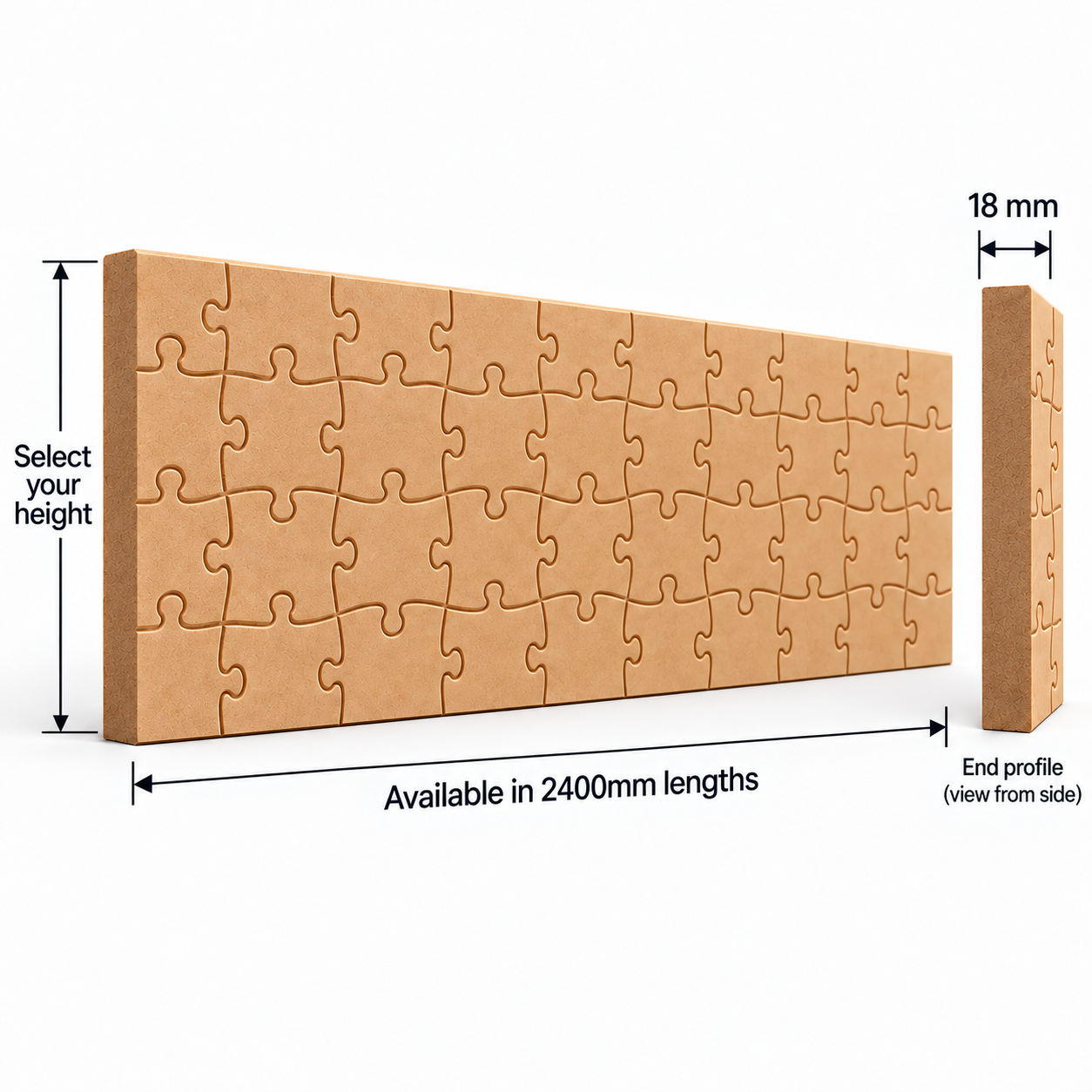 Puzzle Perfect MDF skirting board technical diagram showing 2400mm length, 18mm thickness, selectable height and full-face interlocking jigsaw design with end profile.