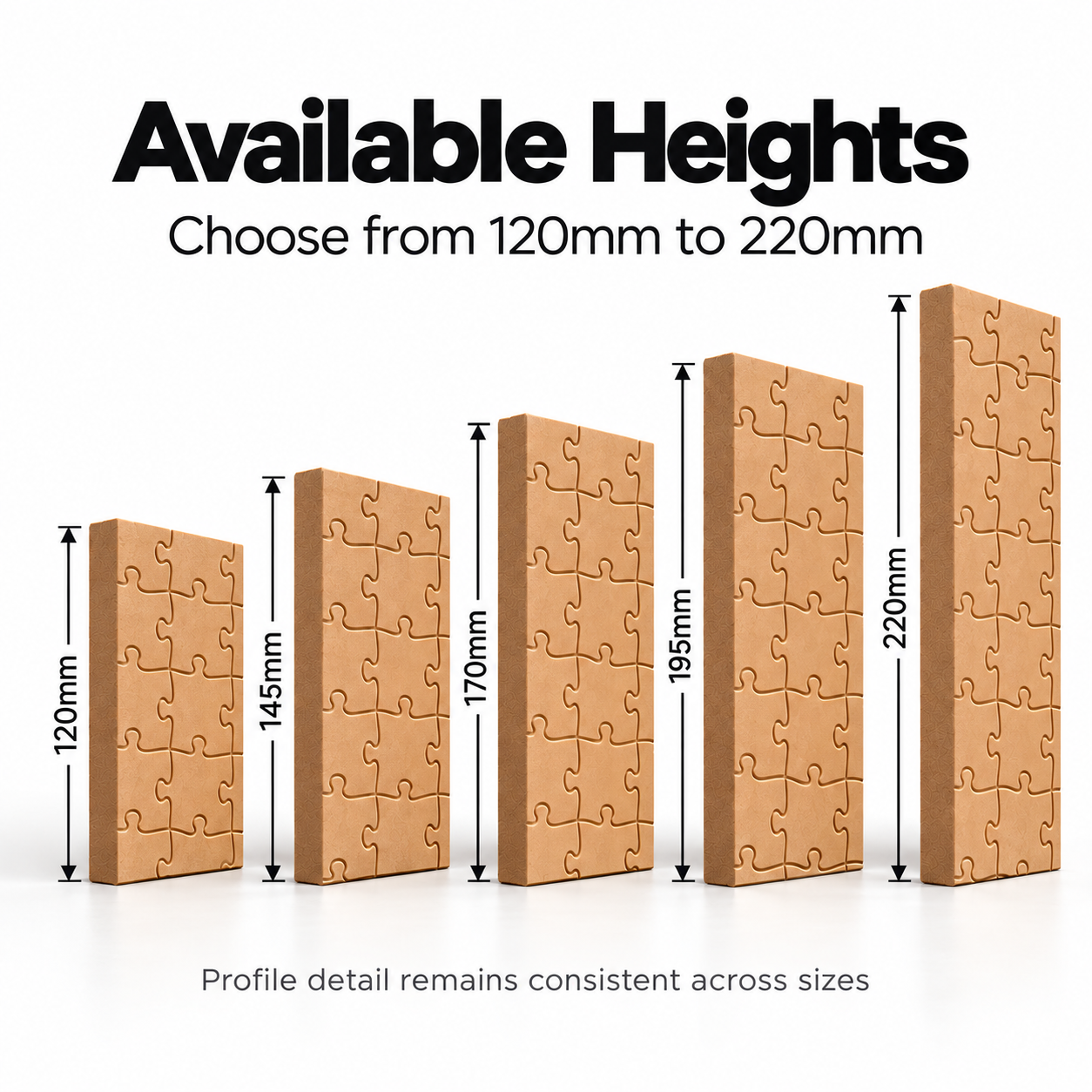 Puzzle Perfect MDF skirting board height comparison showing 120mm, 145mm, 170mm, 195mm and 220mm options with a full-face interlocking jigsaw pattern.
