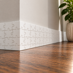 Puzzle Perfect MDF skirting board painted white, featuring a continuous interlocking jigsaw puzzle pattern across the full face, fitted around an interior corner.