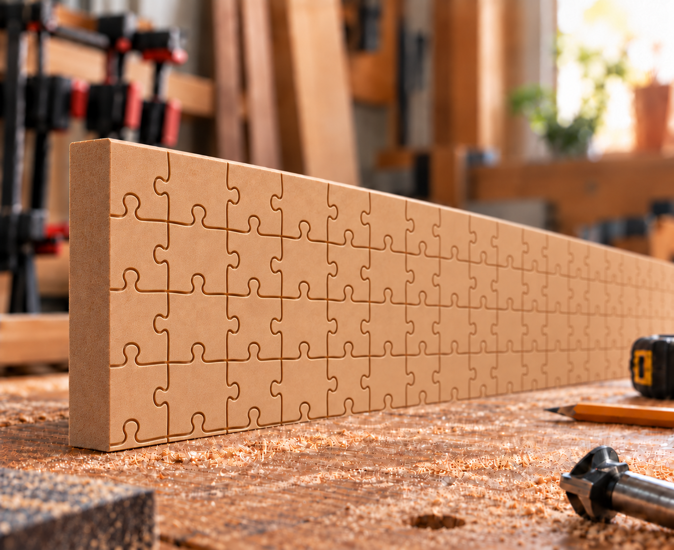 Puzzle Perfect MDF skirting board in unfinished natural MDF, with CNC-machined interlocking jigsaw pieces covering the full board face on a workshop bench.