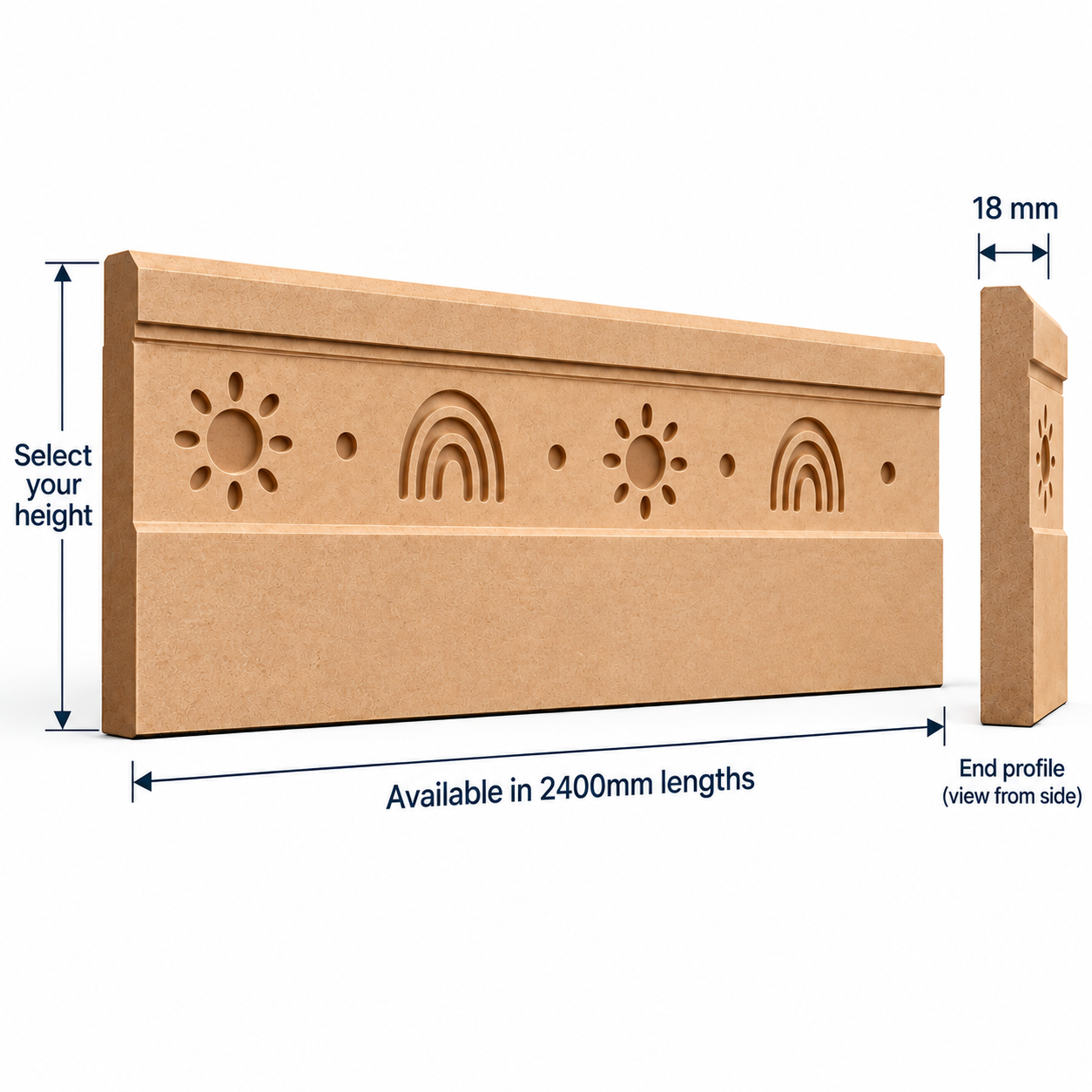 Ray of Sunshine MDF Skirting Board technical diagram with CNC-routed suns and rainbows, 2400mm board length, 18mm thickness and selectable height.