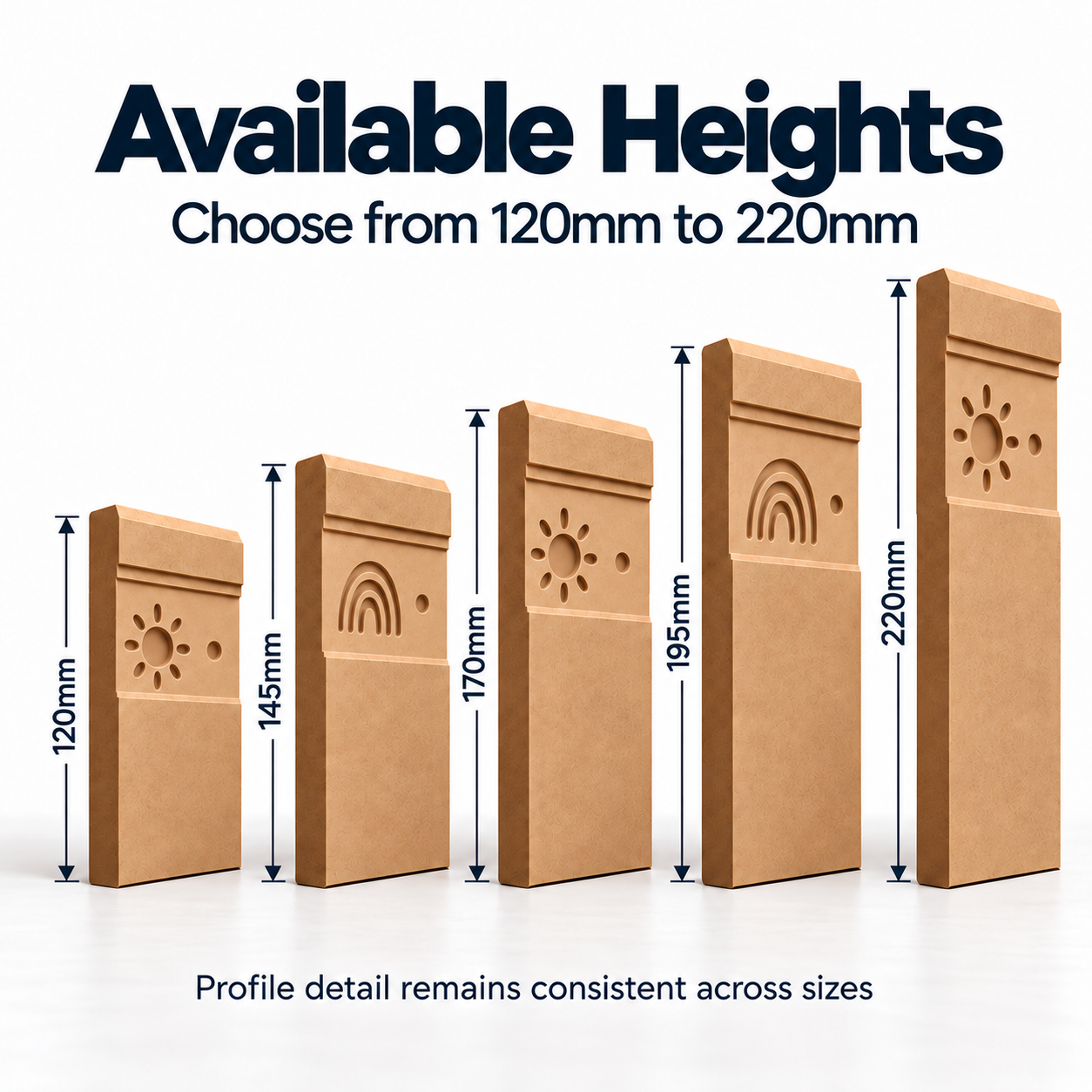 Ray of Sunshine MDF Skirting Board height chart showing 120mm, 145mm, 170mm, 195mm and 220mm unfinished boards with alternating sun and rainbow motifs.