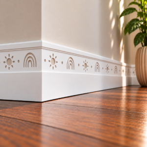 Ray of Sunshine MDF Skirting Board painted white and installed around a wall corner, featuring recessed suns, rainbows and decorative dots.