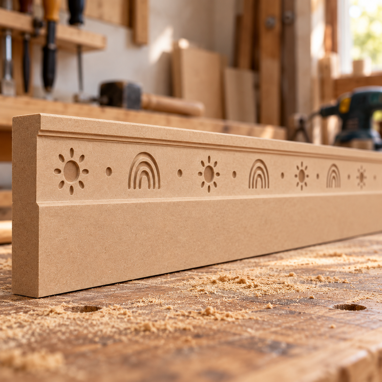 Ray of Sunshine MDF Skirting Board shown in unfinished natural MDF on a workshop bench, with CNC-machined suns, rainbows and decorative dots.