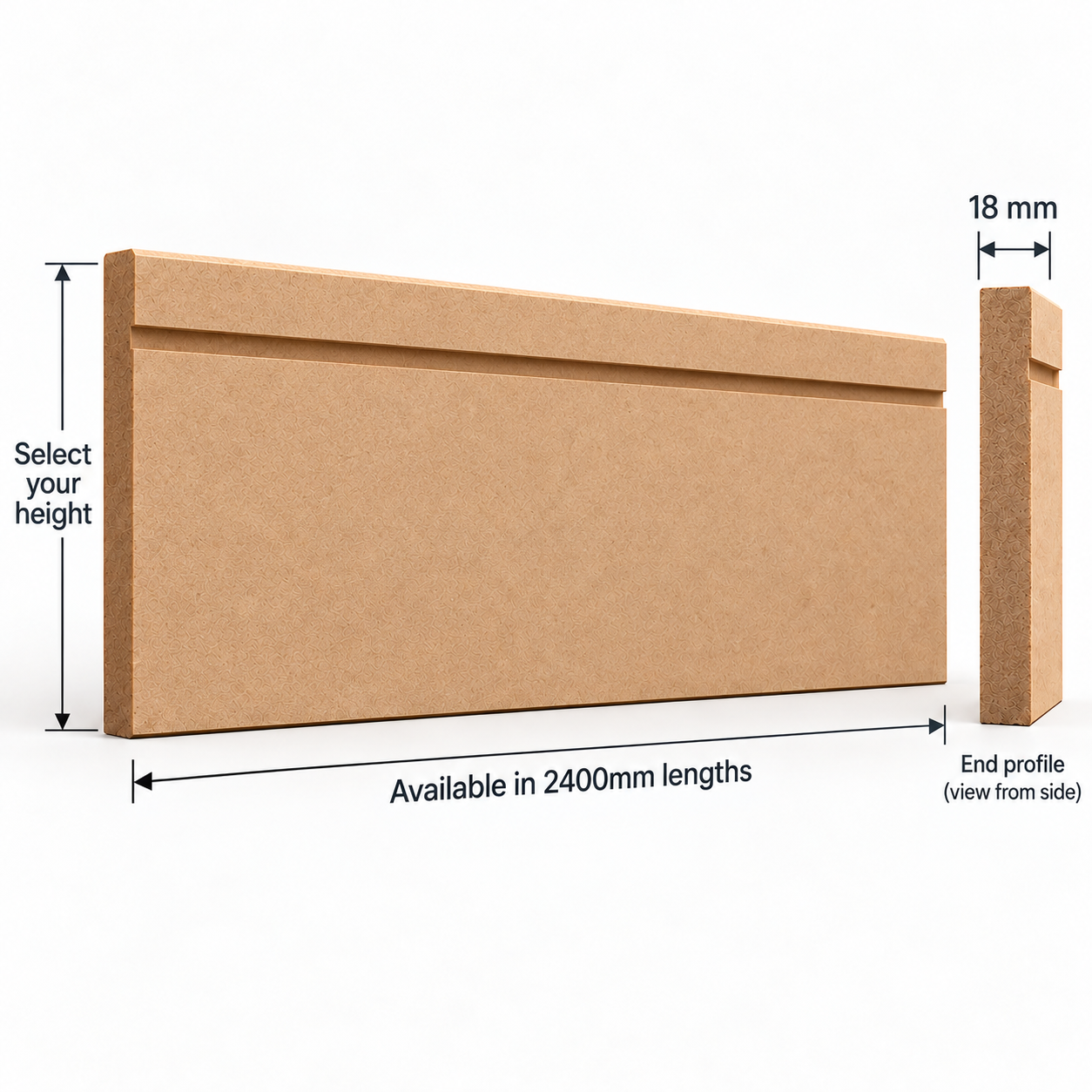 Square Edge Box Groove MDF skirting board technical diagram showing 2400mm board length, 18mm thickness, selectable height and single-groove end profile.