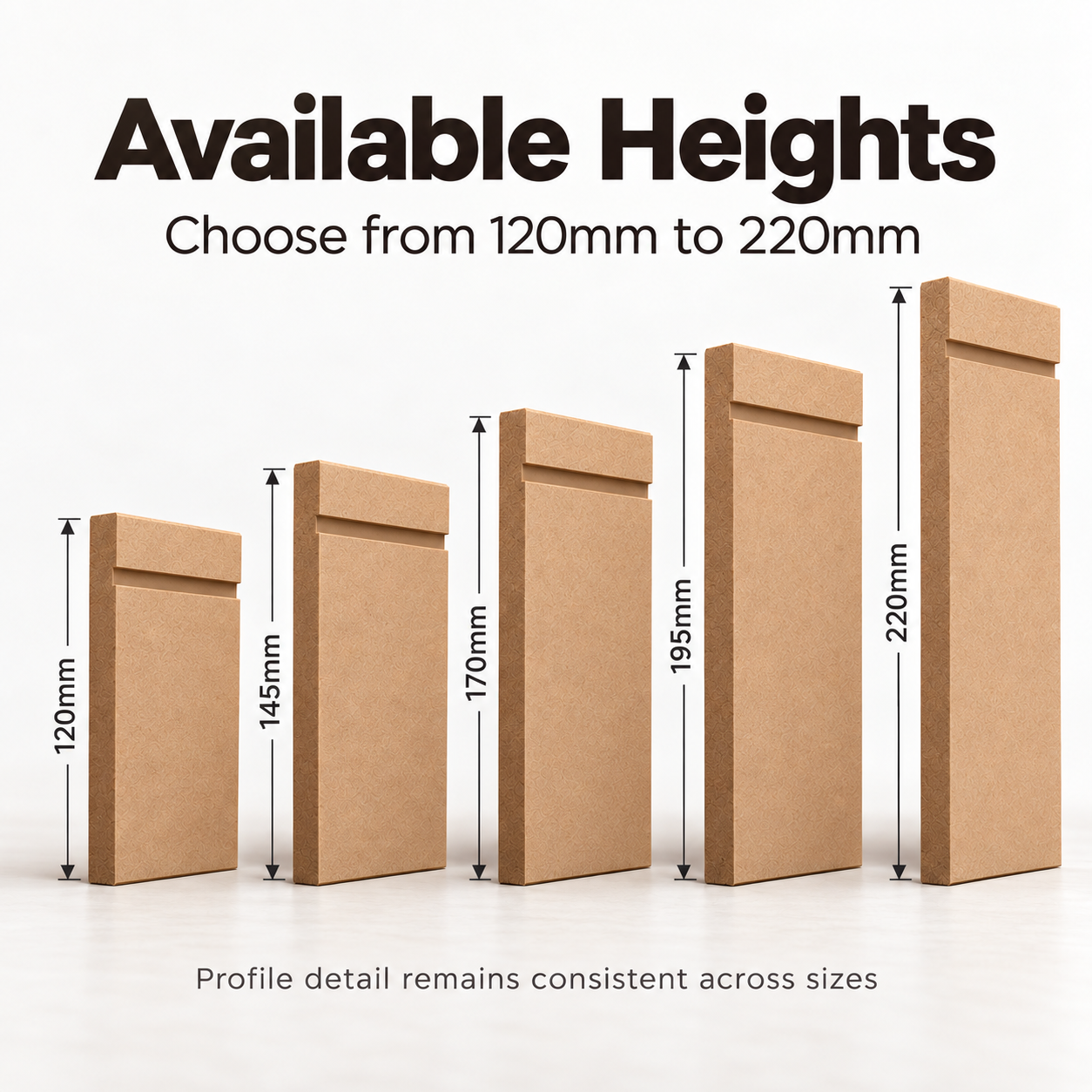 Square Edge Box Groove MDF skirting board height comparison showing 120mm, 145mm, 170mm, 195mm and 220mm boards with a single recessed groove.
