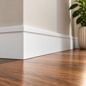 White-painted Square Edge Box Groove MDF skirting board installed around a room corner, featuring a flat square top edge and single recessed horizontal groove.