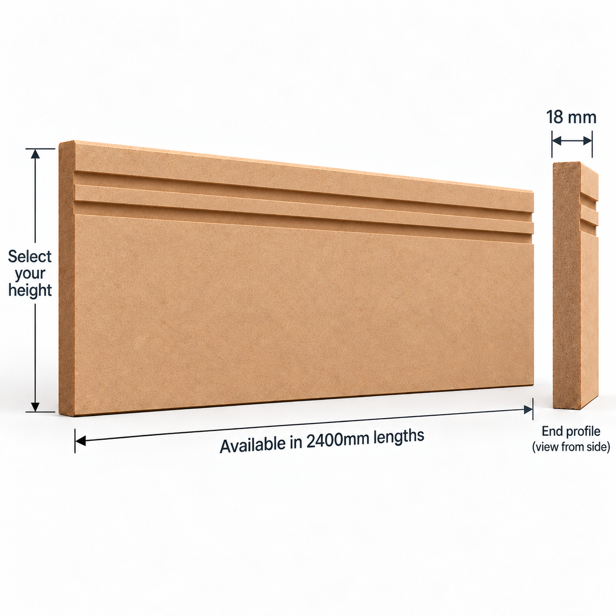 Square Edge Double Box Groove MDF skirting board technical diagram showing 2400mm length, 18mm thickness, selectable height and two-groove end profile.