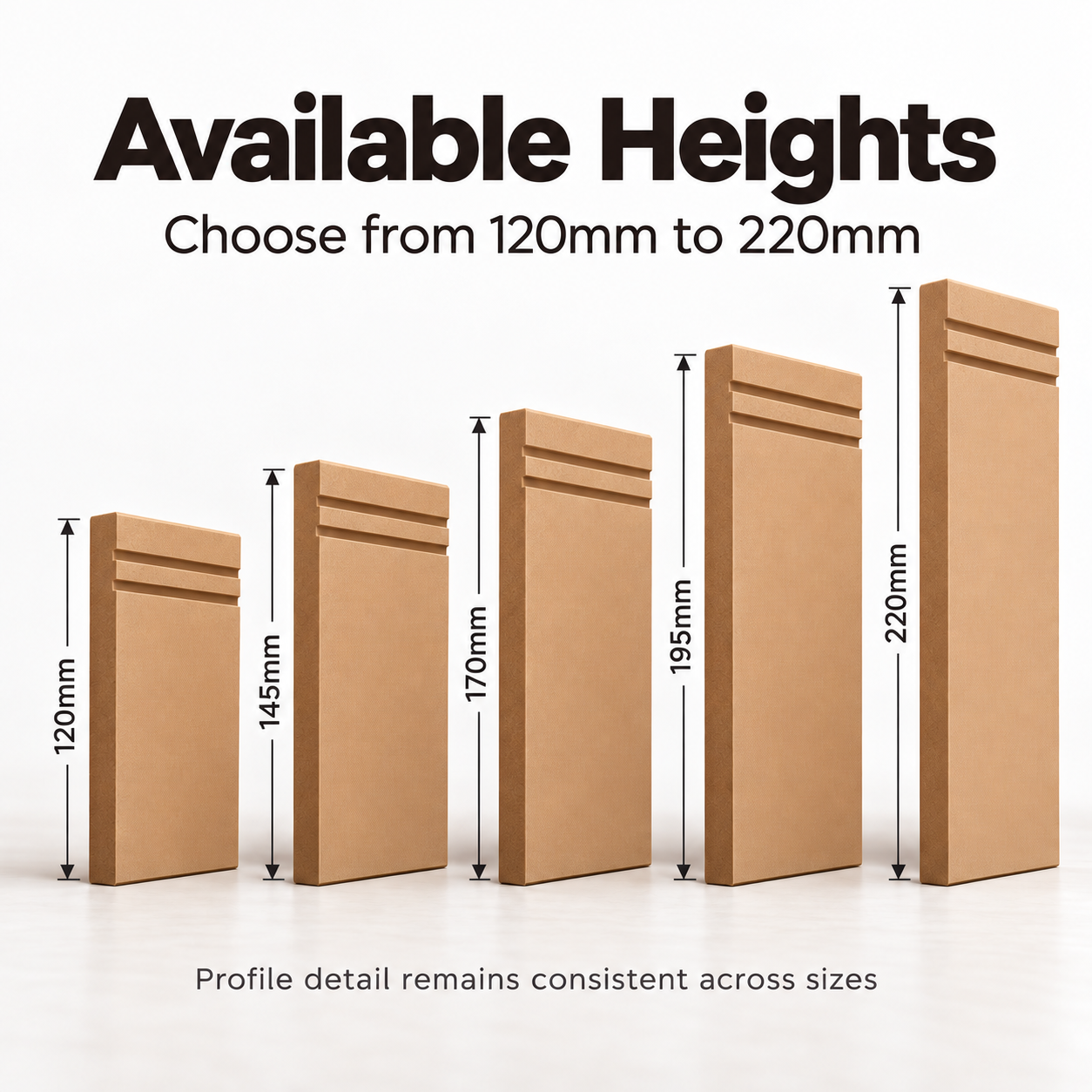 Square Edge Double Box Groove MDF skirting board height comparison showing 120mm, 145mm, 170mm, 195mm and 220mm options with two recessed grooves.