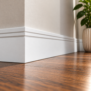 White-painted Square Edge Double Box Groove MDF skirting board fitted around a room corner, featuring a flat top edge and two recessed horizontal grooves.