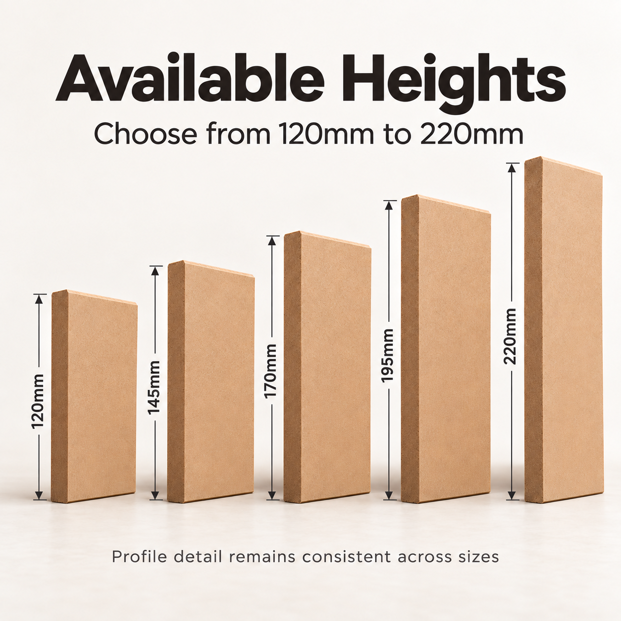 Square Edge MDF Skirting Board height comparison showing five unfinished MDF profiles in 120mm, 145mm, 170mm, 195mm and 220mm heights.