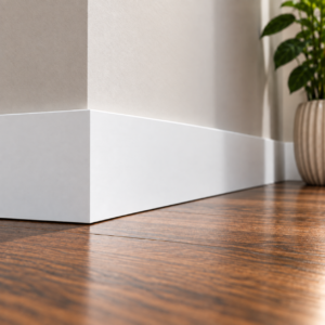 Square Edge MDF Skirting Board painted white and fitted around an interior wall corner, featuring a smooth, plain front face and straight square top edge.