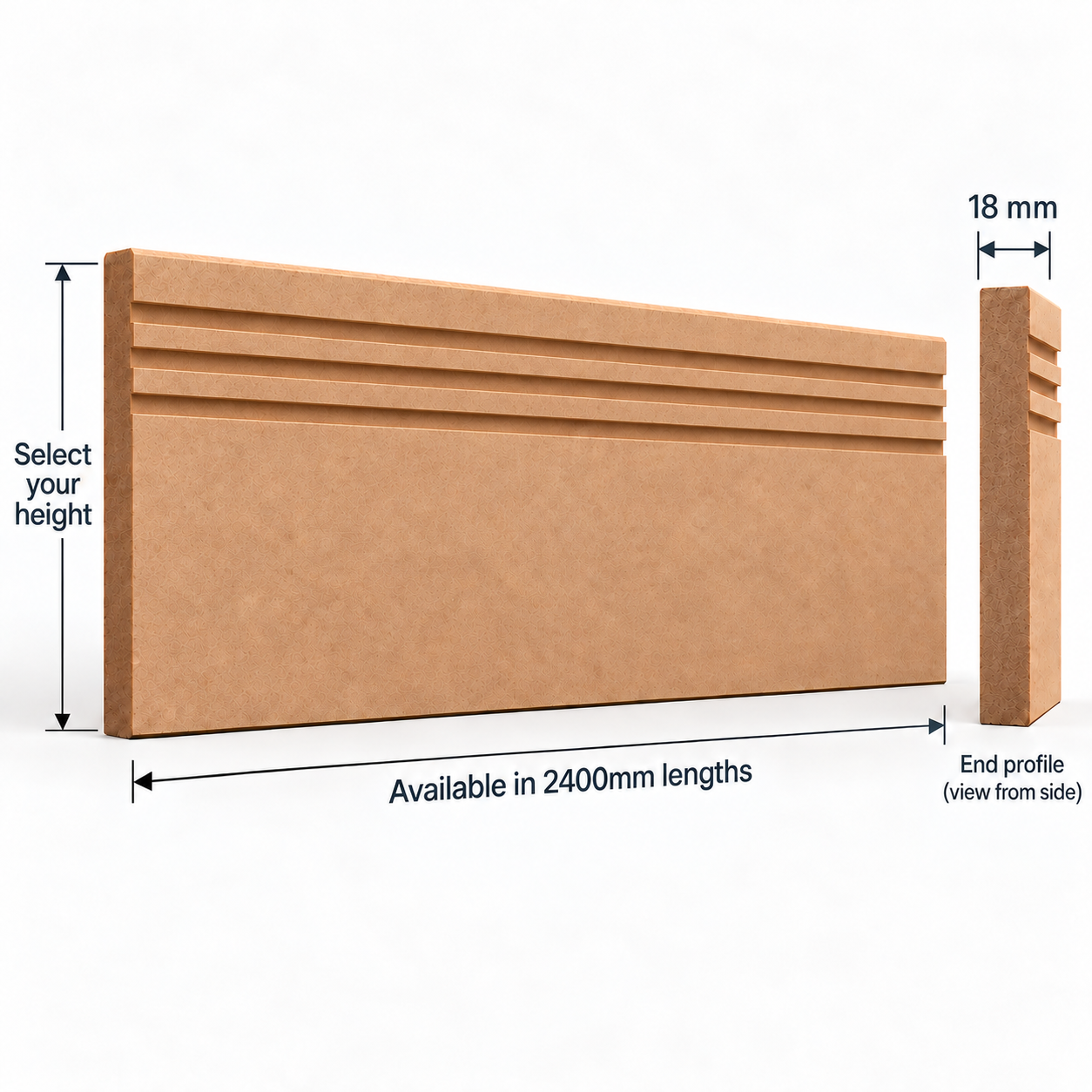 Square Edge Triple Box Groove MDF skirting board technical diagram showing 2400mm length, 18mm thickness, selectable height and three-groove end profile.