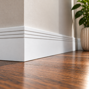 Square Edge Triple Box Groove MDF Skirting Board painted white and installed around a room corner, featuring three recessed horizontal grooves.