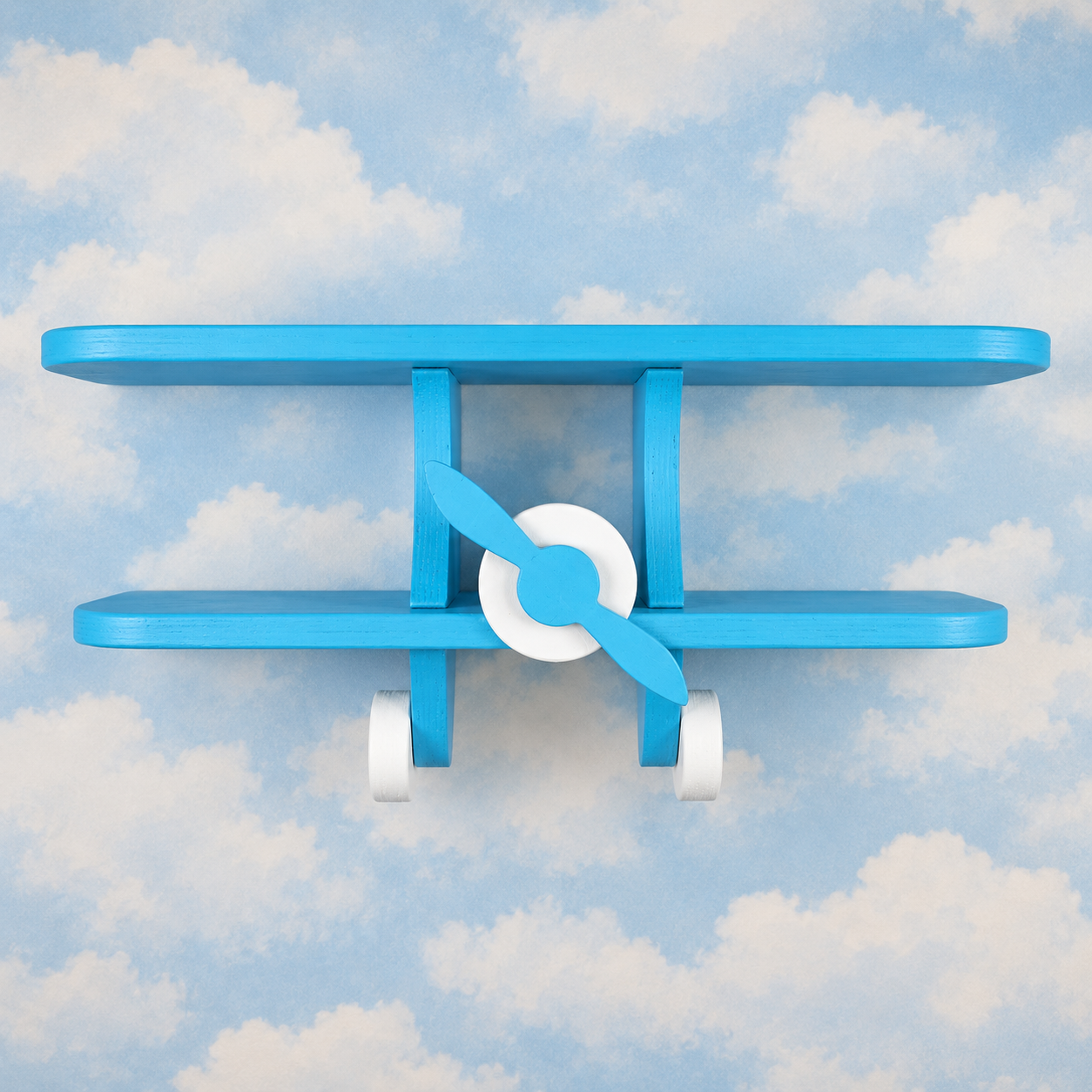 Front view of blue wooden aeroplane wall shelf for kids