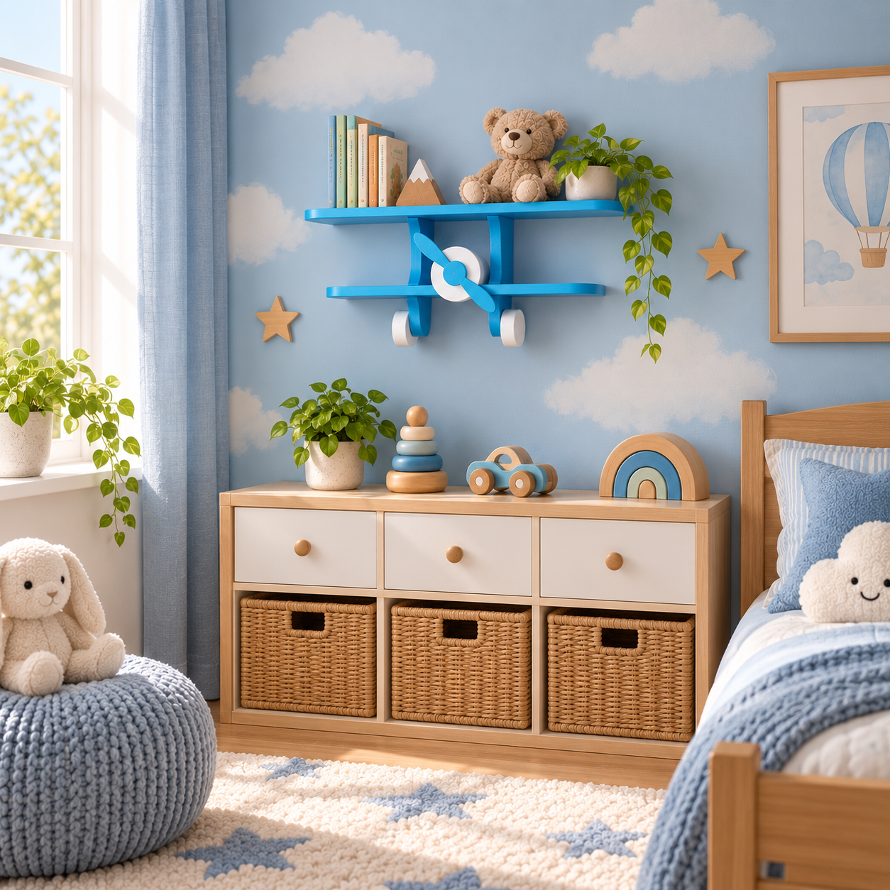 Blue aeroplane wall shelf displayed in a contemporary child’s bedroom