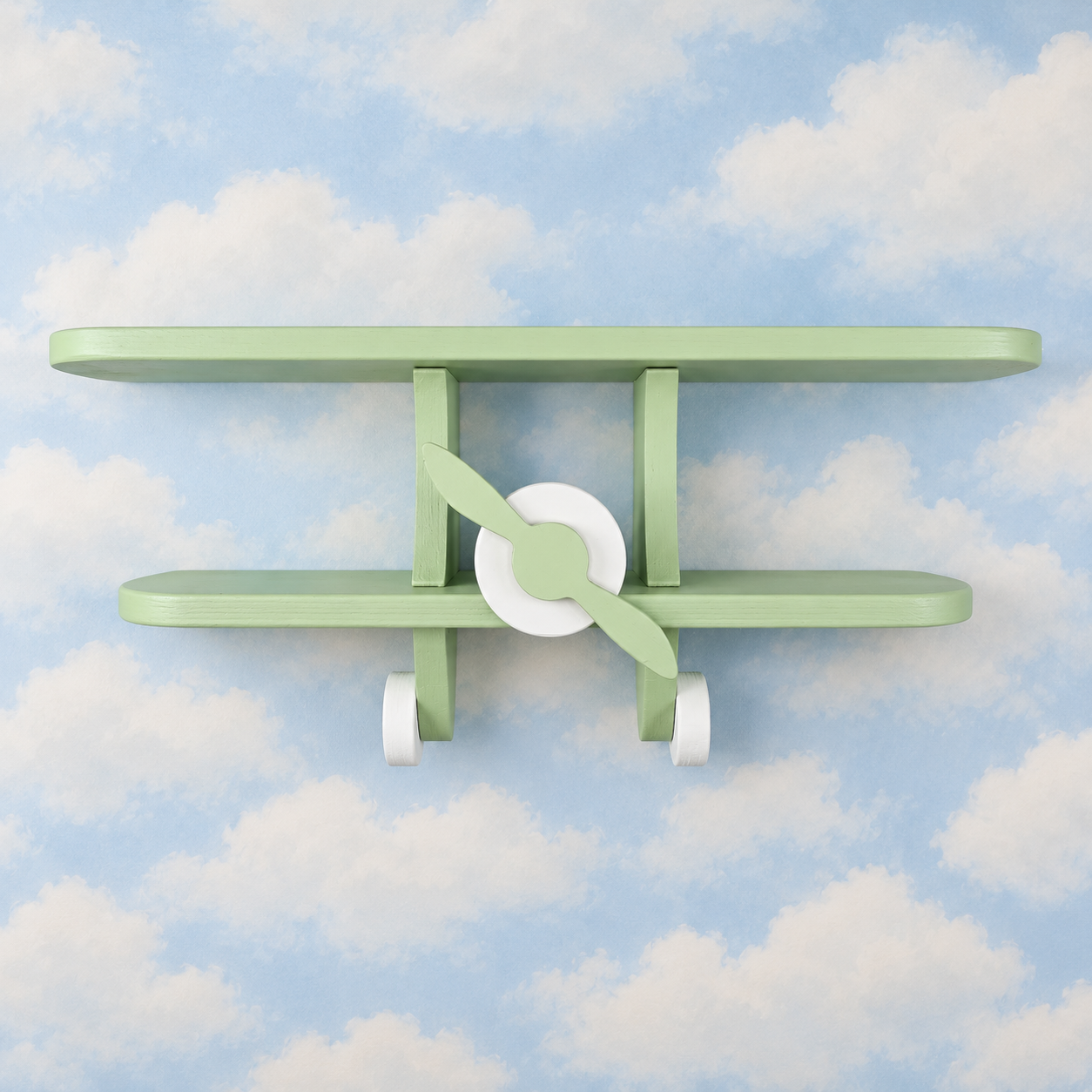 Front view of green wooden aeroplane wall shelf for kids