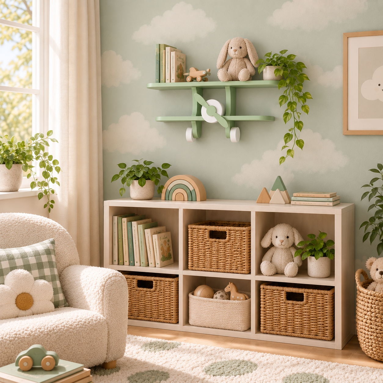 Green aeroplane wall shelf displayed in a contemporary child’s bedroom Title: