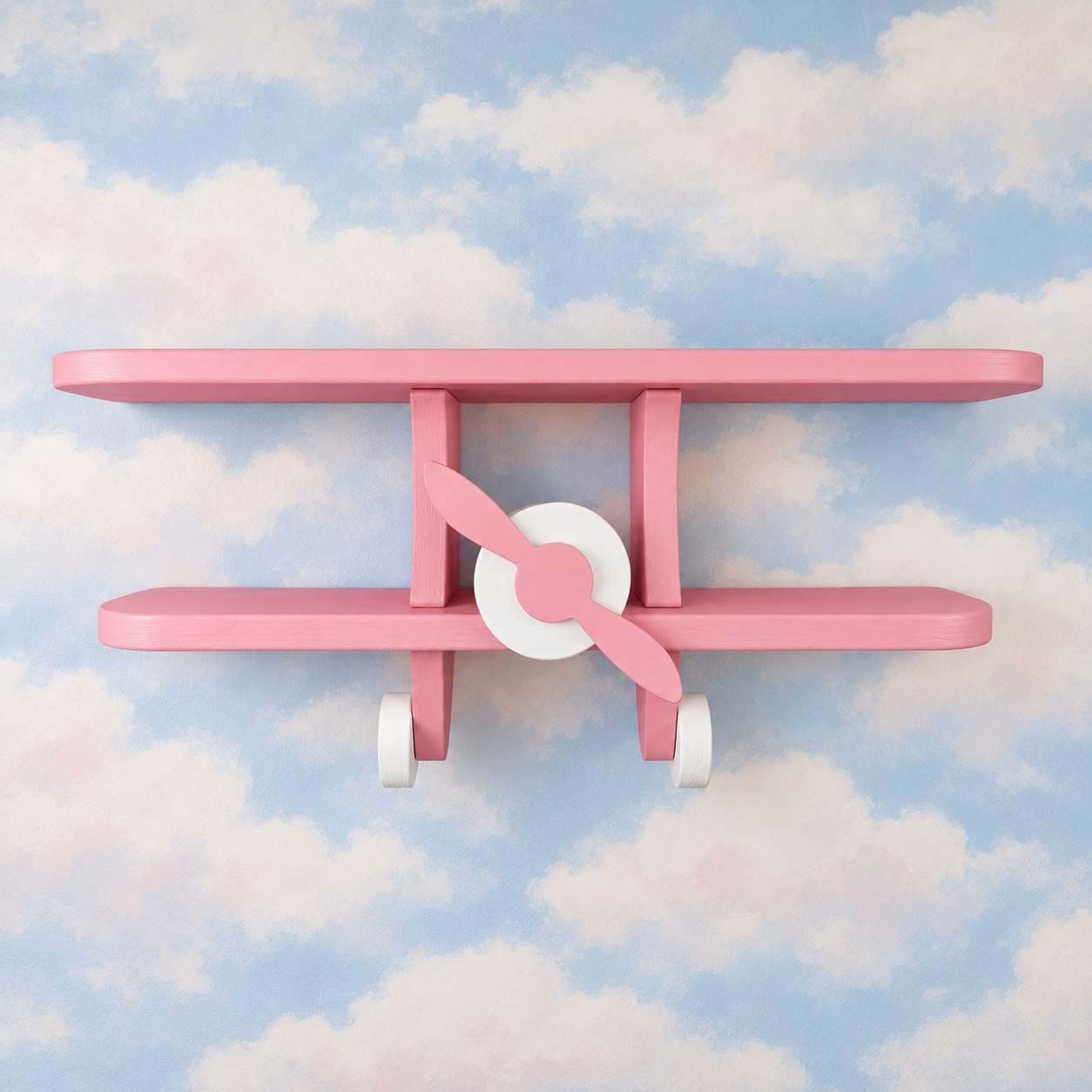 Front view of pink wooden aeroplane wall shelf for kids