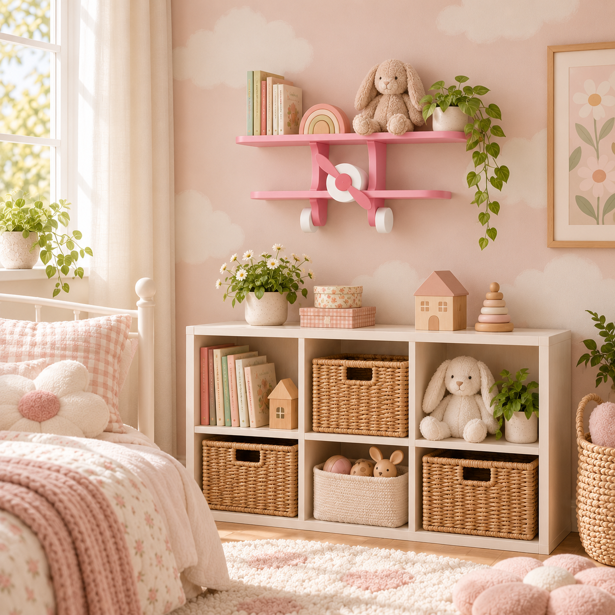 Pink aeroplane wall shelf displayed in a contemporary child’s bedroom