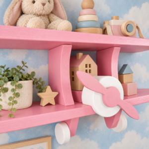 Close-up of pink wooden aeroplane wall shelf styled with children’s toys
