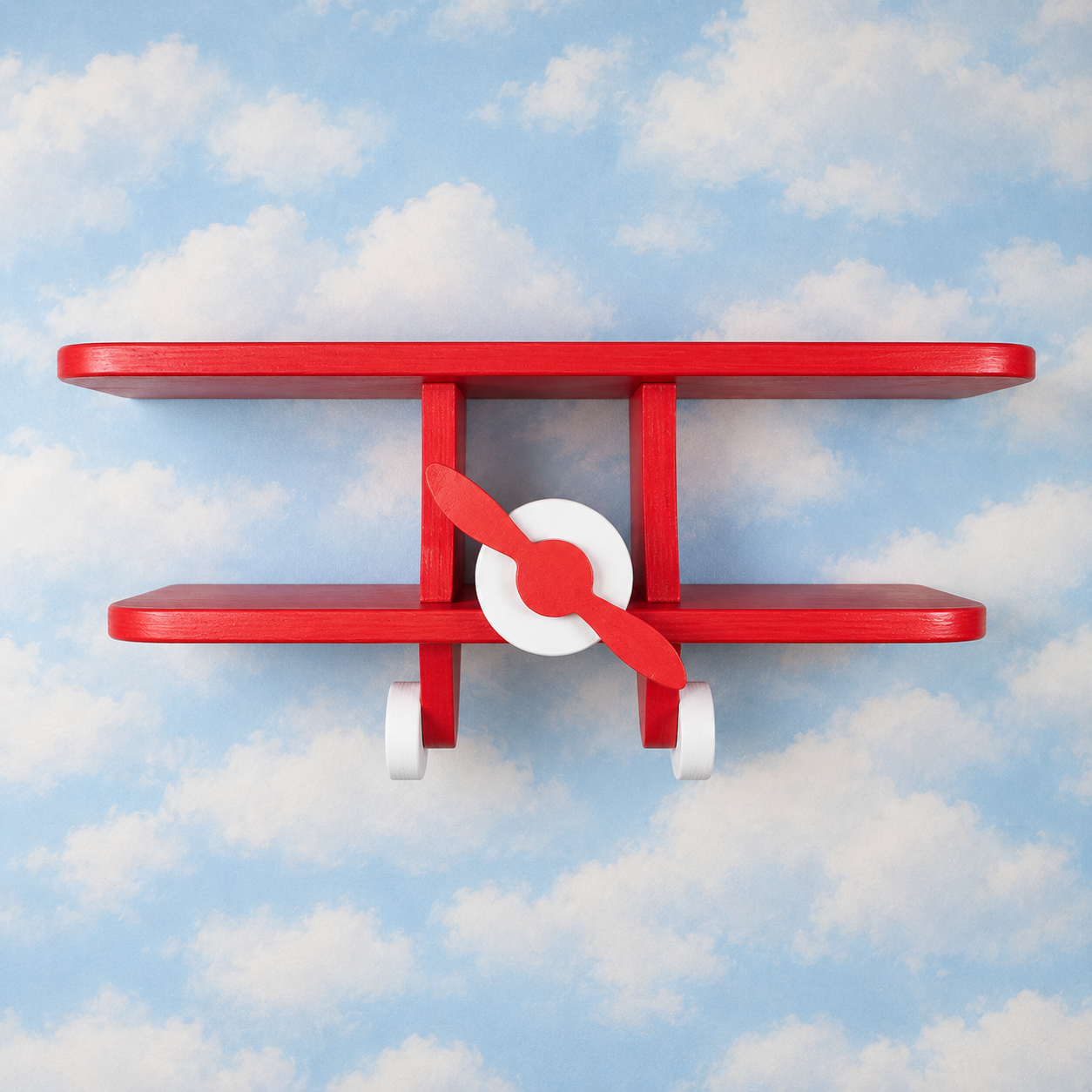 Front view of red wooden aeroplane wall shelf for kids