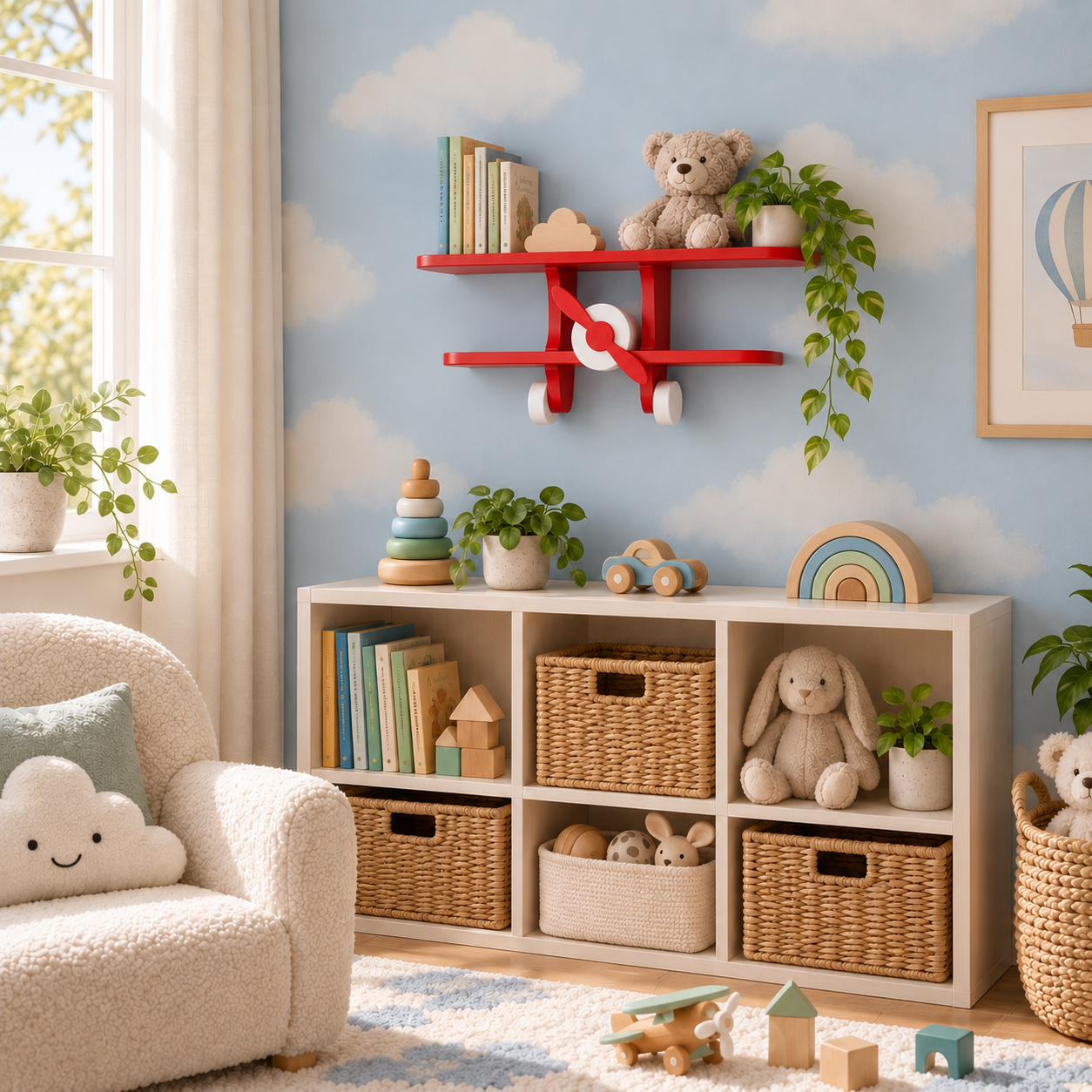 Red aeroplane wall shelf displayed in a contemporary child’s bedroom