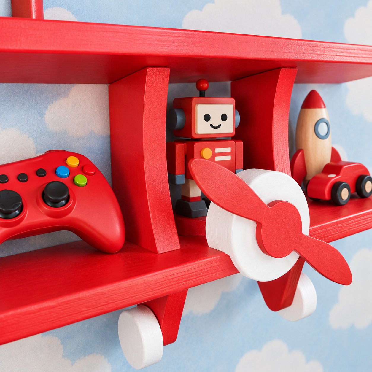 Close-up of red wooden aeroplane wall shelf styled with children’s toys